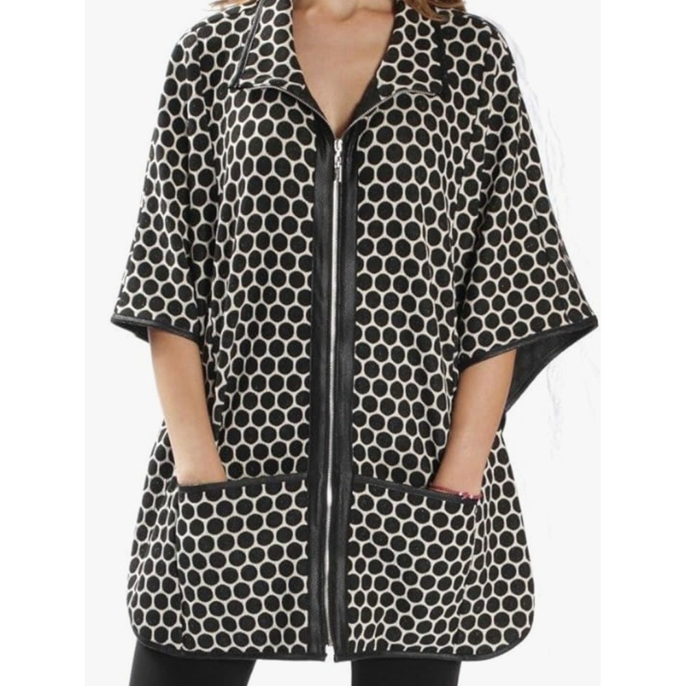 Joseph Ribkoff Black White Polka Dot Zip Front Cape Jacket Size 10